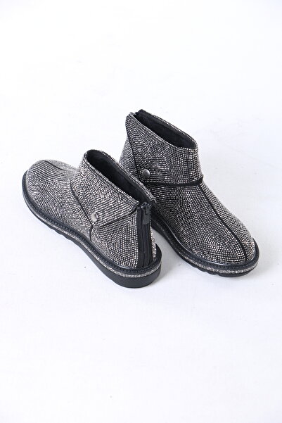 lolyvibe Gümüş Siyah Bot Kürklü Kristal Taşlı Arka Fermuarlı ve Yan Çıtçıtlı ...