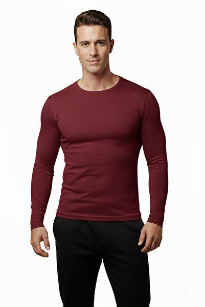 Rizz up Men's Dark Burgundy Long Sleeve Slim Fit Slim Crew Neck Sweatshirt 2300423