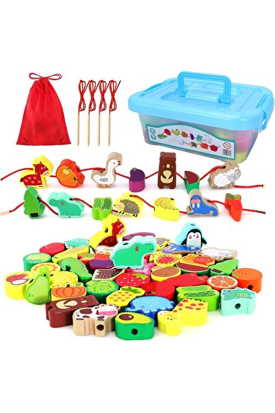 DMG TECH ألعاب خرز خشبية بتصميم حيوانات المزرعة والفواكه