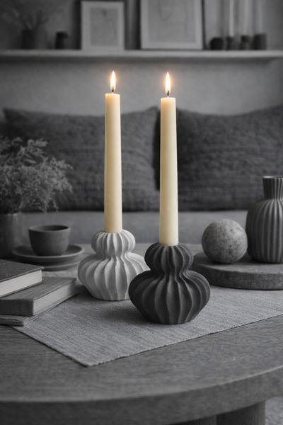 DOAHOMECONCEPT İkili Tırtıklı Çizgili Şamdan Mumluk Seti Gri-Antrasit Gri