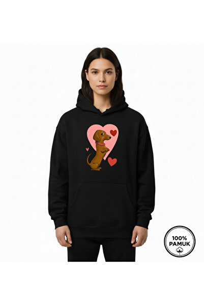 Unisex Oversize Dachsund Köpek Baskılı 3 İplik Hoodie