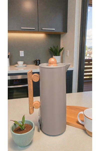 AR HOME 1-liter tea/coffee-Vacuum Flask- thermos, Gray-color, with a wooden h...