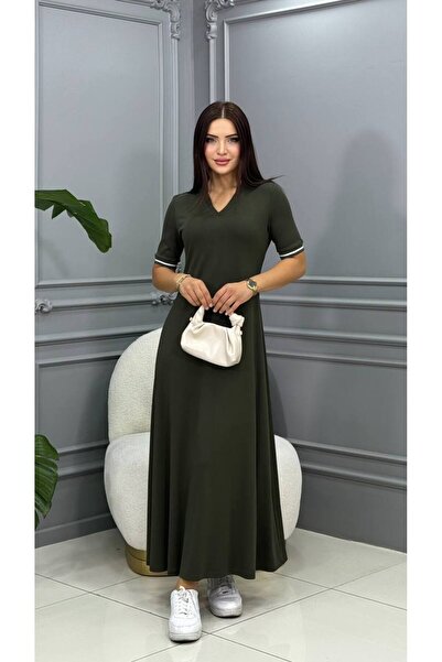 Genesis cannes Cannes Lola Khaki V-Neck Rib Detailed Stretch Fabric Maxi Dress