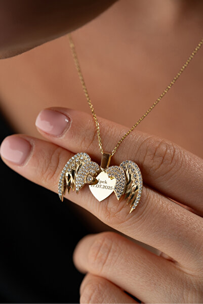 Silvano Jewelry 925 Ayar Gümüş Altın Kaplama İsim Yazılabilen Kalpli Kanat Kolye