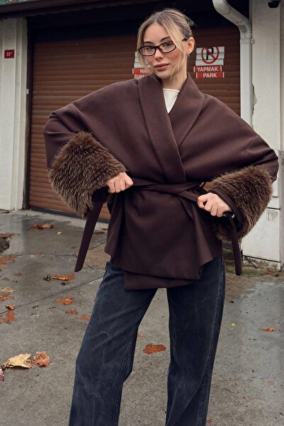 Swist Brown Sleeve Fur Detail Belted Women's Short Cashmere Coat