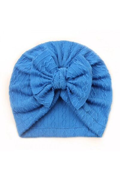 Superbaby Blue turban hat with fabric pattern and applied bow