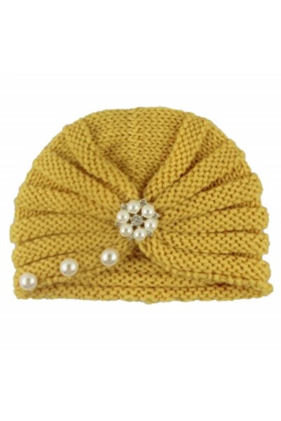 HANNA Caciulita galbena crosetata tip turban cu perlute si strasuri