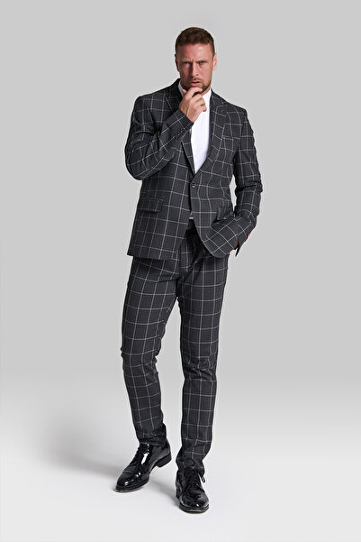 GustmanModa Erkek Antrasit Kareli Slim Fit Blazer Ceket Pantolon Takım Elbise
