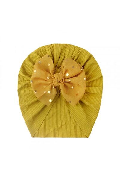 Superbaby Caciulita galbena tip turban cu fundita din tulle aplicata
