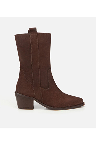 Hotiç Kadın Süet Deri Kahverengi Western Kovboy Topuklu Bot