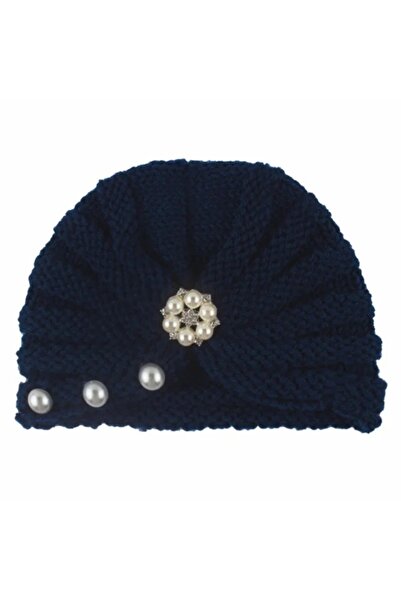 Superbaby Navy blue crocheted turban hat with pearls and rhinestones