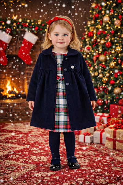 Pamuk Kozası Kırmızı Kareli Elbise Kaşe Mantolu Takım Kız Bebek Yılbaşı Kıyafeti