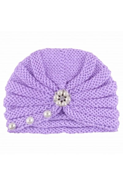 Superbaby Caciulita lila crosetata tip turban cu perlute si strasuri