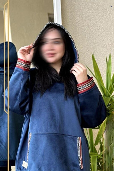 Abaya-AB Oversized winter hoodie with Arabic Sadu pattern, navy blue color