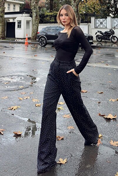 Swist تفاصيل حجرية سوداء بخصر مرتفع وجيوب للنساء بنطلون واسع الأرجل