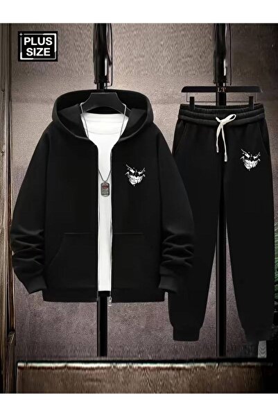 CLASSY.MODA Men's Zippered Hooded Skull Printed Tracksuit Set