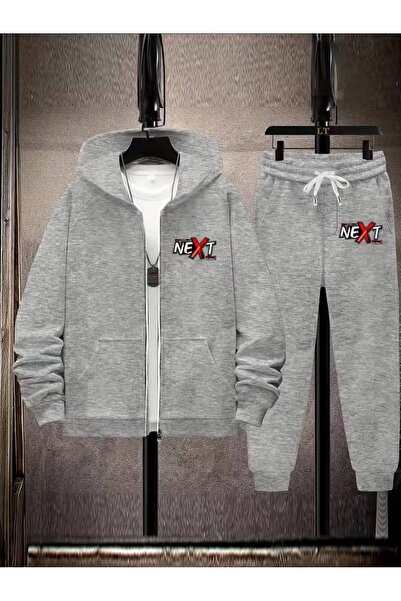 CLASSY.MODA Men's Zippered Hooded Next Printed Tracksuit Set