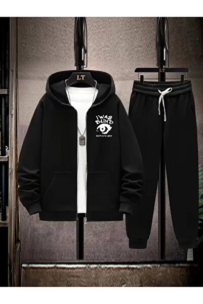 CLASSY.MODA Men's Zippered Hooded Graphic Printed Tracksuit Set