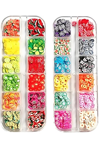 Arabest 3D Nail Art Slice, Mixed Fruits & Flowers Nail Decoration Kits, 24 Grids Resin Nail Tips, Women Mani