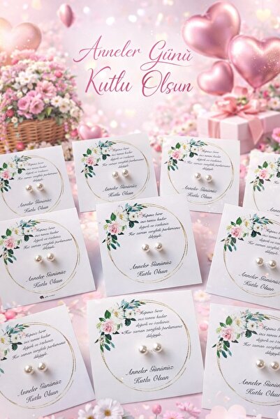 Emtory Home 10 Adet Çiçek Desenli Kuşe Kartlı İnci Küpe - Anneler Günü Hediye...