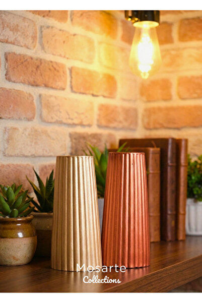 Mosarte Ribbed Çizgili Tasarım Modern Dekoratif Vazo 2'li - Şampanya / Bakır ...