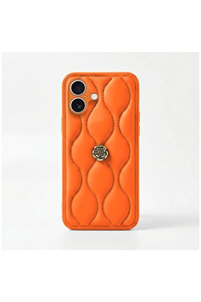 Pro Aksesuar iPhone 16 Compatible Case Floral Wavy Leather Case Orange