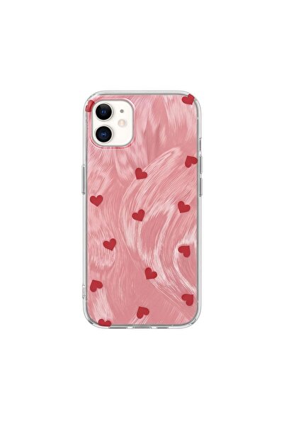 Pro Aksesuar iPhone 12 Compatible Case Heart Patterned Silicone Case Red