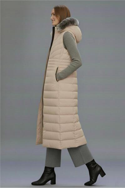 TRENDTESETTÜR KADIN BEJ KAPÜŞONLU UZUN ŞİŞME YELEK T 4819