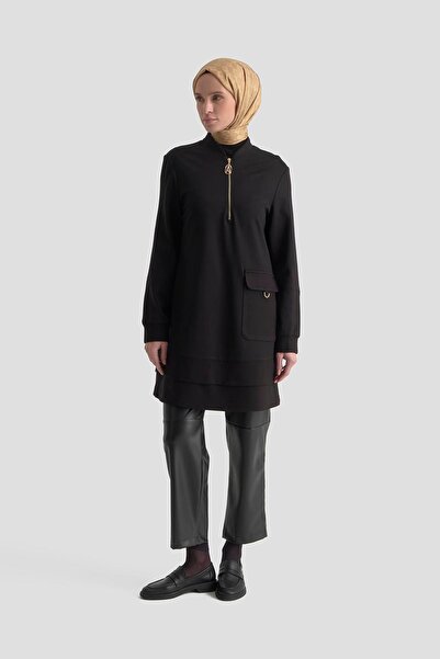 Armine TREND Yarım Fermuarlı Cebi Halka Detaylı Tunik Siyah 25KT463