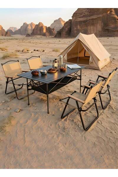 Taimi 5-piece camping set: Folding height-adjustable table (120x55x80) with 4 folding chairs - Beige/Black