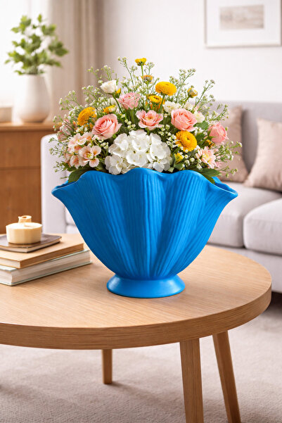 Artivo Modern Deniz Kabuğu Formlu Mavi Dekoratif Vazo - 30 x 24 cm