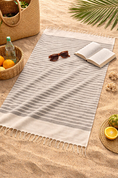 İQON Striped Cotton Peshtemal |   Beach & Hammam Towel – Gray