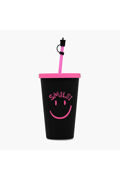 Lifestyle Smiley Print Double Wall Tumbler with Straw - 450 ml