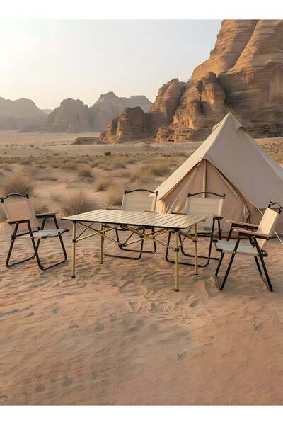 Taimi 5-piece camping set: Folding height-adjustable table (120x55x62) with 4 folding chairs - Beige