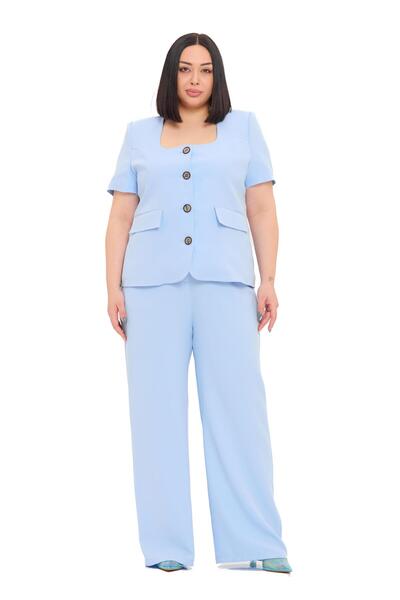 DISENTIS MODEST Plus Size Short Sleeve U-Neck Bebe Blue Jacket Pants Two-Piec...