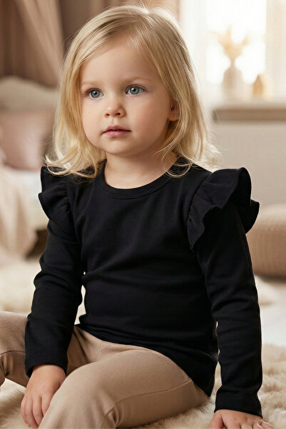 Parla Kids سويت شيرت بودي بياقة دائرية وكشكشة على الكتف باللون الأسود للفتيات...