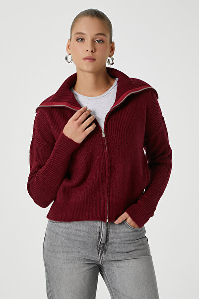 Ritnice Women's Woody Grade Burgundy Double Side Zippered Polo Knitwear Cardigan