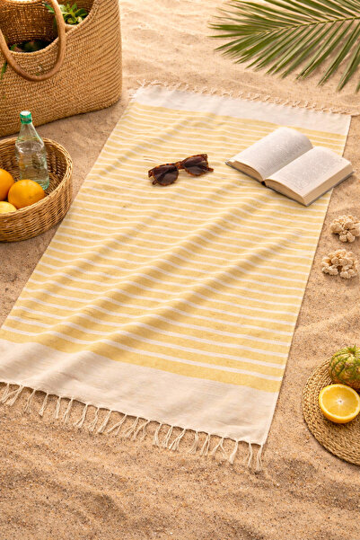 İQON قماش قطني مخطط |   منشفة الشاطئ والحمام – أصفر