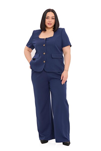 DISENTIS MODEST Plus Size Short Sleeve U-Neck Navy Blue Jacket Pants Two-Piec...