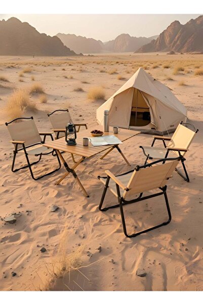 Taimi 5-piece camping set: Folding height-adjustable table (90x60x45) with 4 folding chairs - Beige