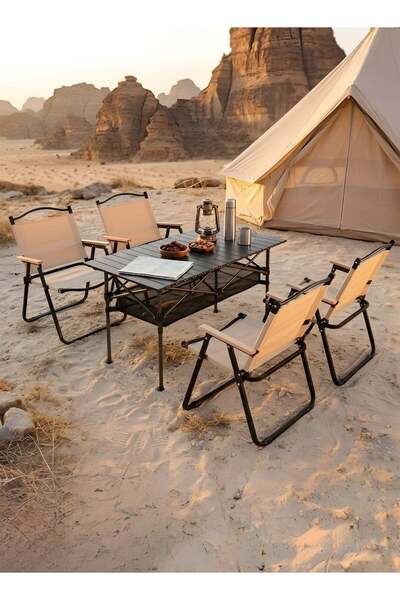 Taimi 5-piece camping set: Folding height-adjustable table (95x55x80) with 4 folding chairs - Beige/Black