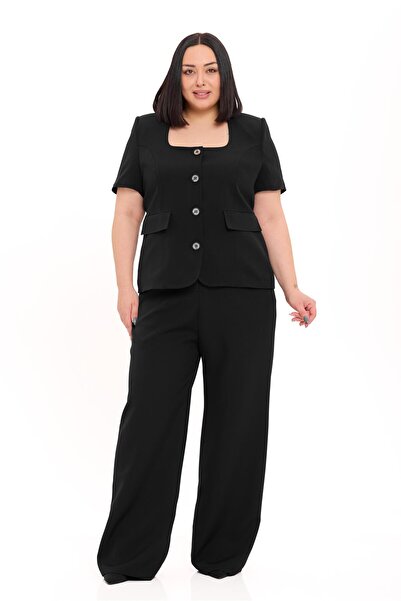 DISENTIS MODEST Plus Size Short Sleeve U-Neck Black Jacket Pants Two-Piece Suit