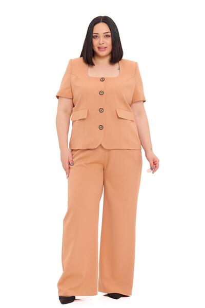 DISENTIS MODEST Plus Size Short Sleeve U-Neck Mink Coat Pants Two-Piece Suit