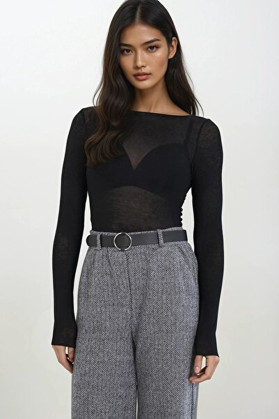 Trend Alaçatı Stili Women's Black Wide Neck Cashmere Textured See-Through Blo...