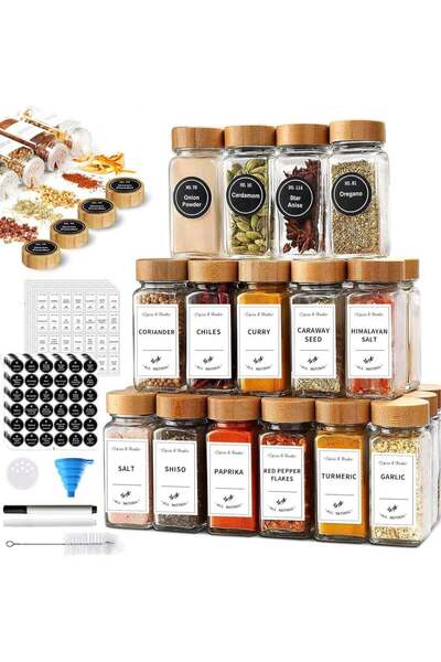 Yoawllty 24Pcs Glass Spice Jars with Labels, Shaker Lids, Funnel, Paint Pens ...