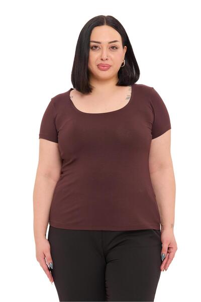 DISENTIS MODEST Plus Size U-Neck Short Sleeve Viscose Brown Bodysuit