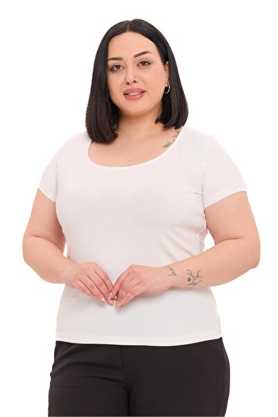 DISENTIS MODEST Plus Size U-Neck Short Sleeve Viscose Ecru Bodysuit