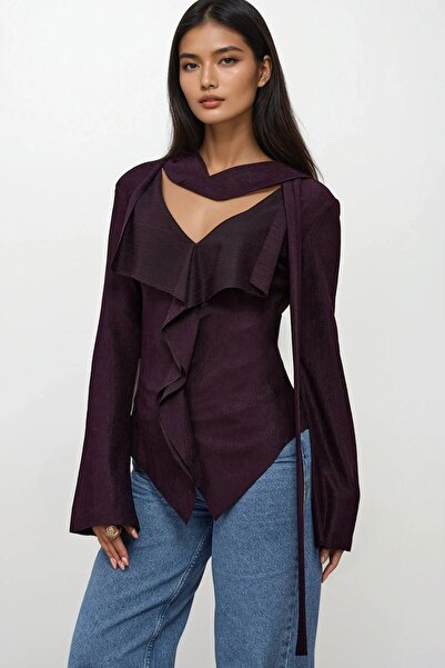 Trend Alaçatı Stili Women's Plum Asymmetrical Cut Neck Design Ruffle Front Bl...