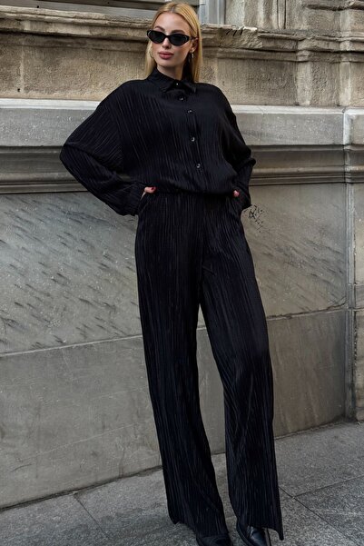 Trend Alaçatı Stili Women's black Oversized shirt and elastic waist double po...