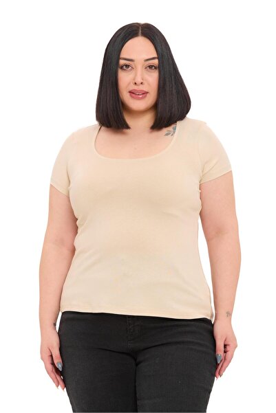 DISENTIS MODEST Plus Size U-Neck Short Sleeve Viscose Beige Color Bodysuit